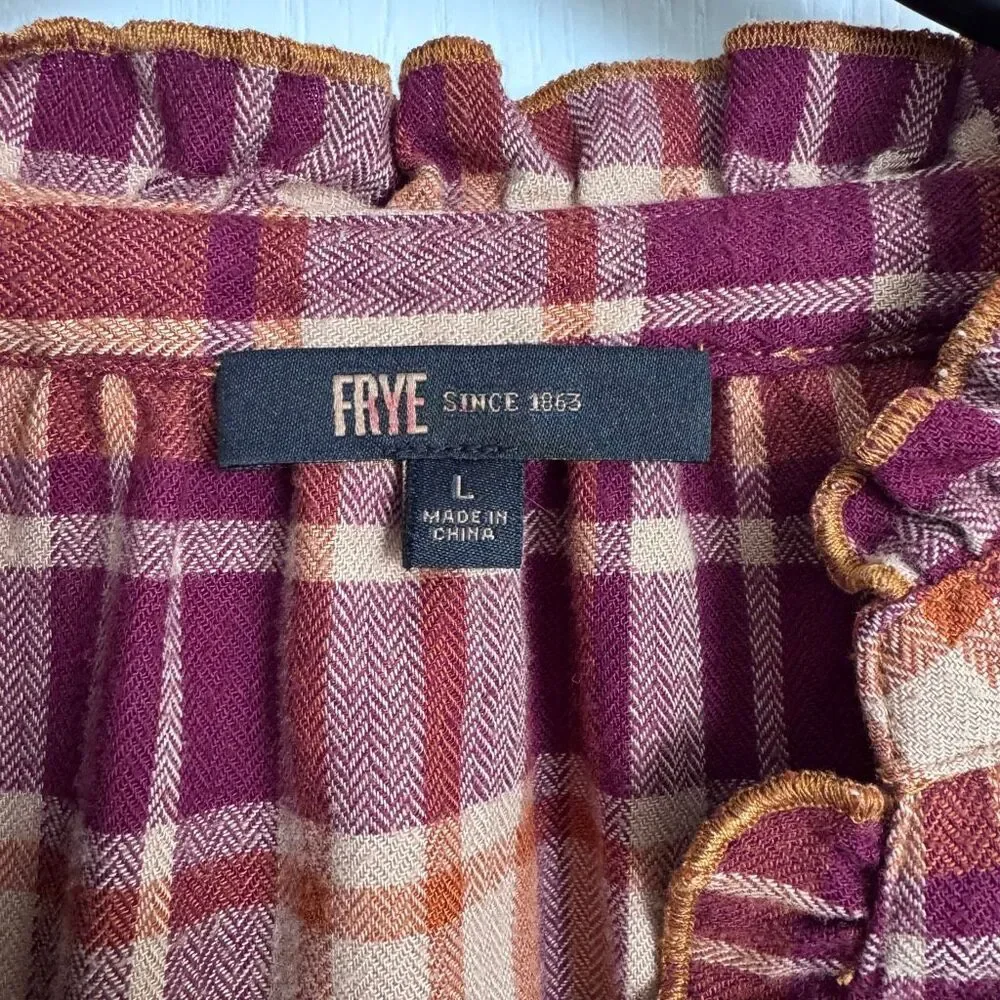 FRYE Ruffle Placket Plaid Button Down Flannel Shirt L - Picture 3 of 7